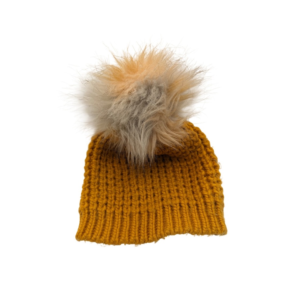 Berkshire Fashion Mustard Yellow Chunky Knit Beanie Faux Fur Pom Pom Hat OSFM